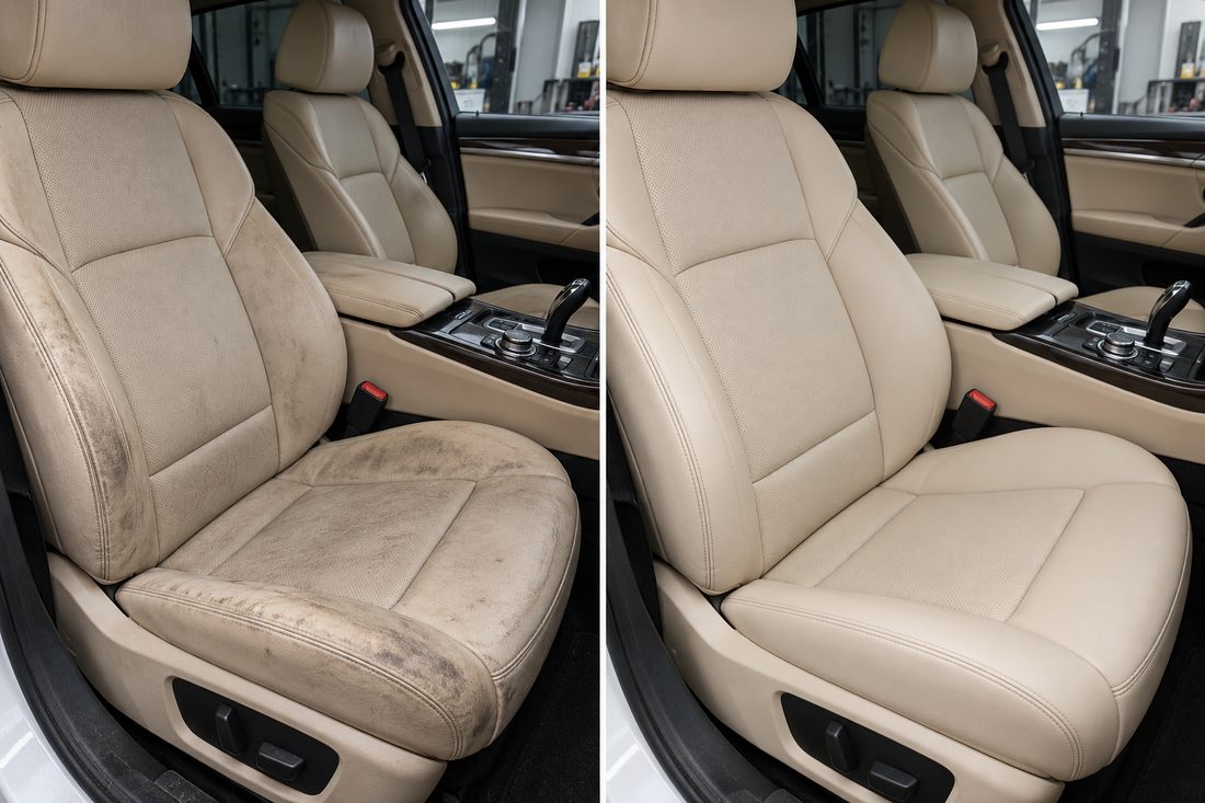 Illustratie: voor en na een intensieve reiniging van een beige leren autostoel