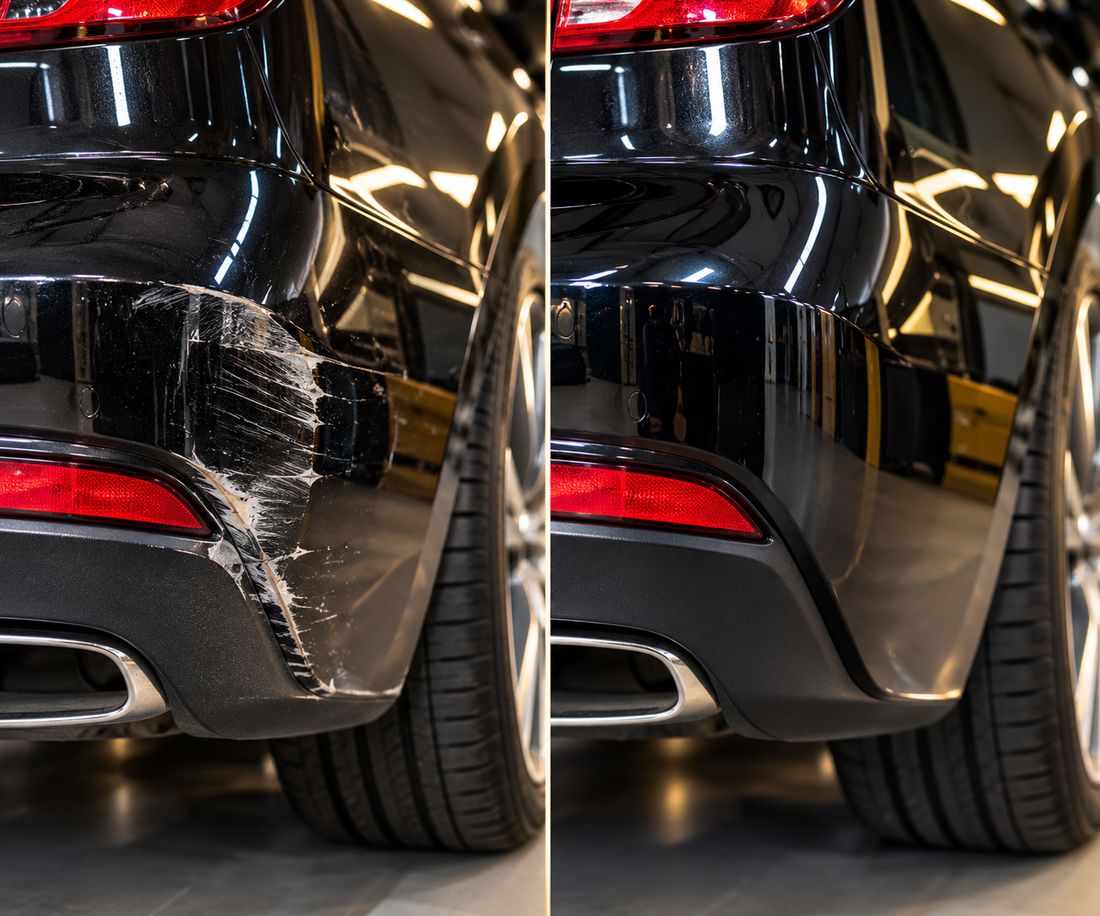 Illustratie: een bumperhoek met krassen voor en na spot repair