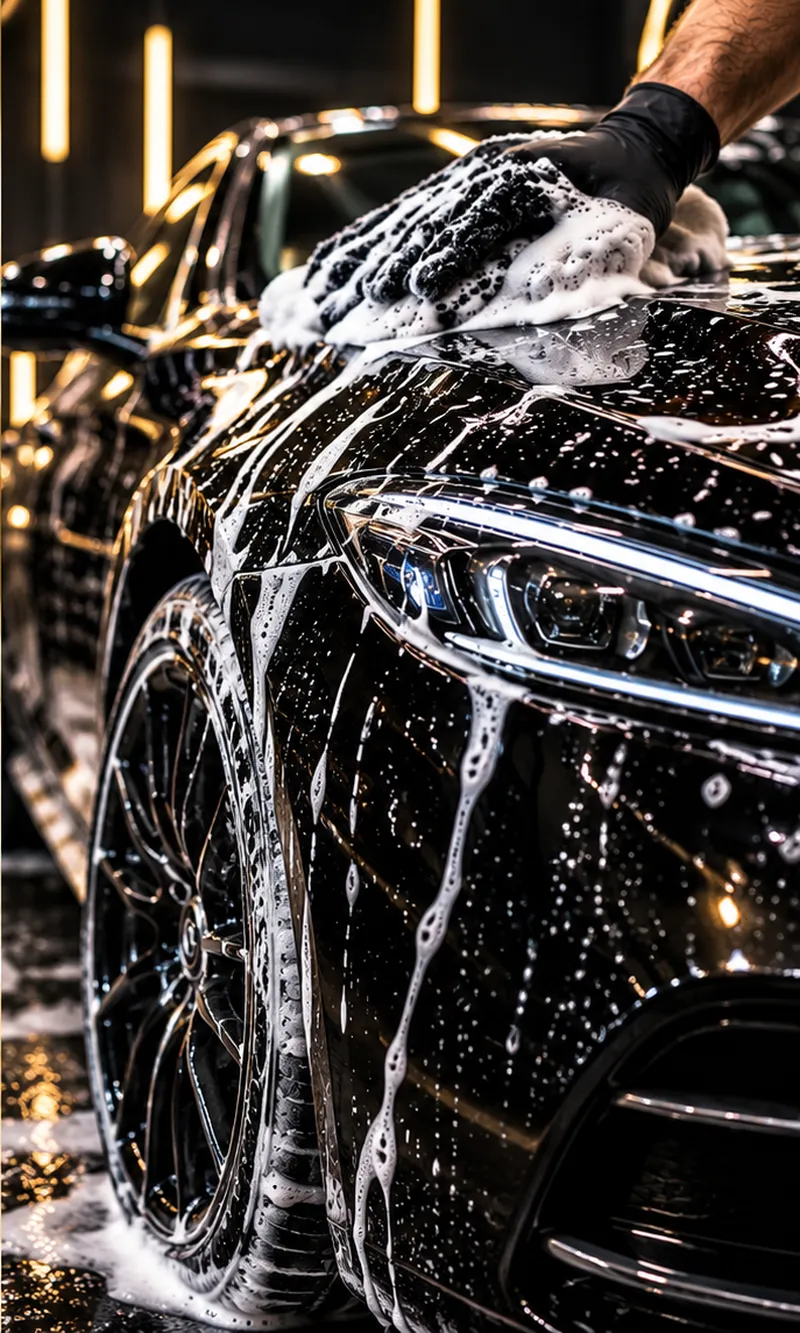 Exterieur detailing: auto wordt met de hand gewassen met schuim