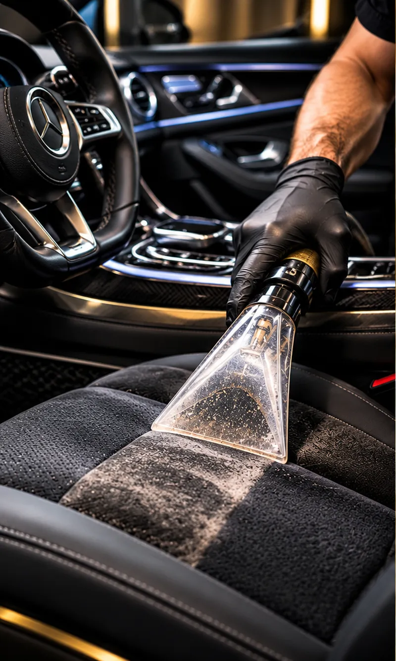 Interieur detailing: autostoel wordt gereinigd met een extractiemondstuk